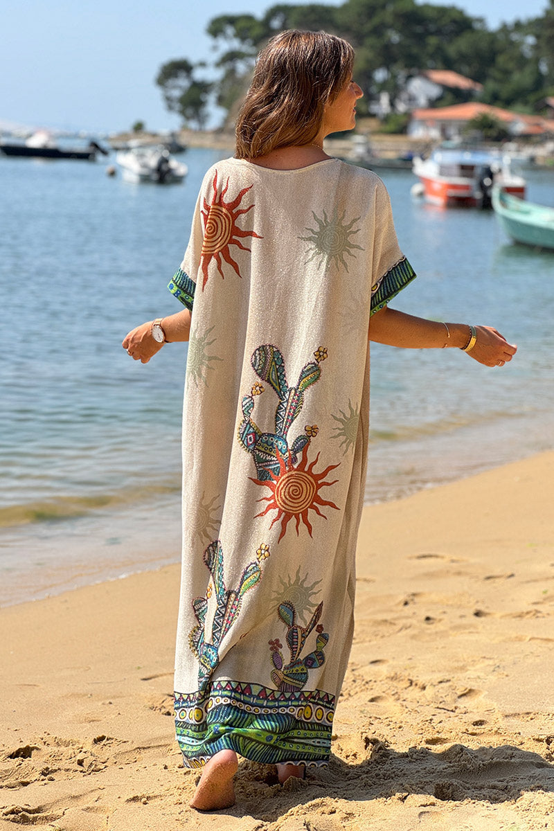 Robe longue brillante motif tete de buffle et cactus verts poche et col sequins