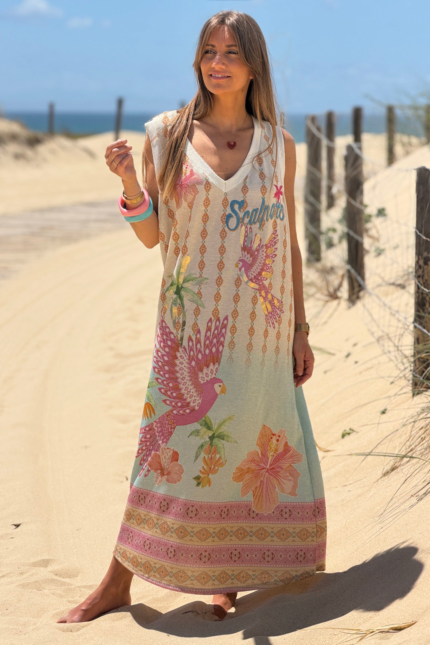 Pink Parrot Paradise Glitter Knit Maxi Dress
