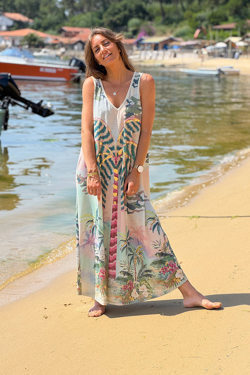 Robe longue brillante sans manches imprimé palmier camo et léopard