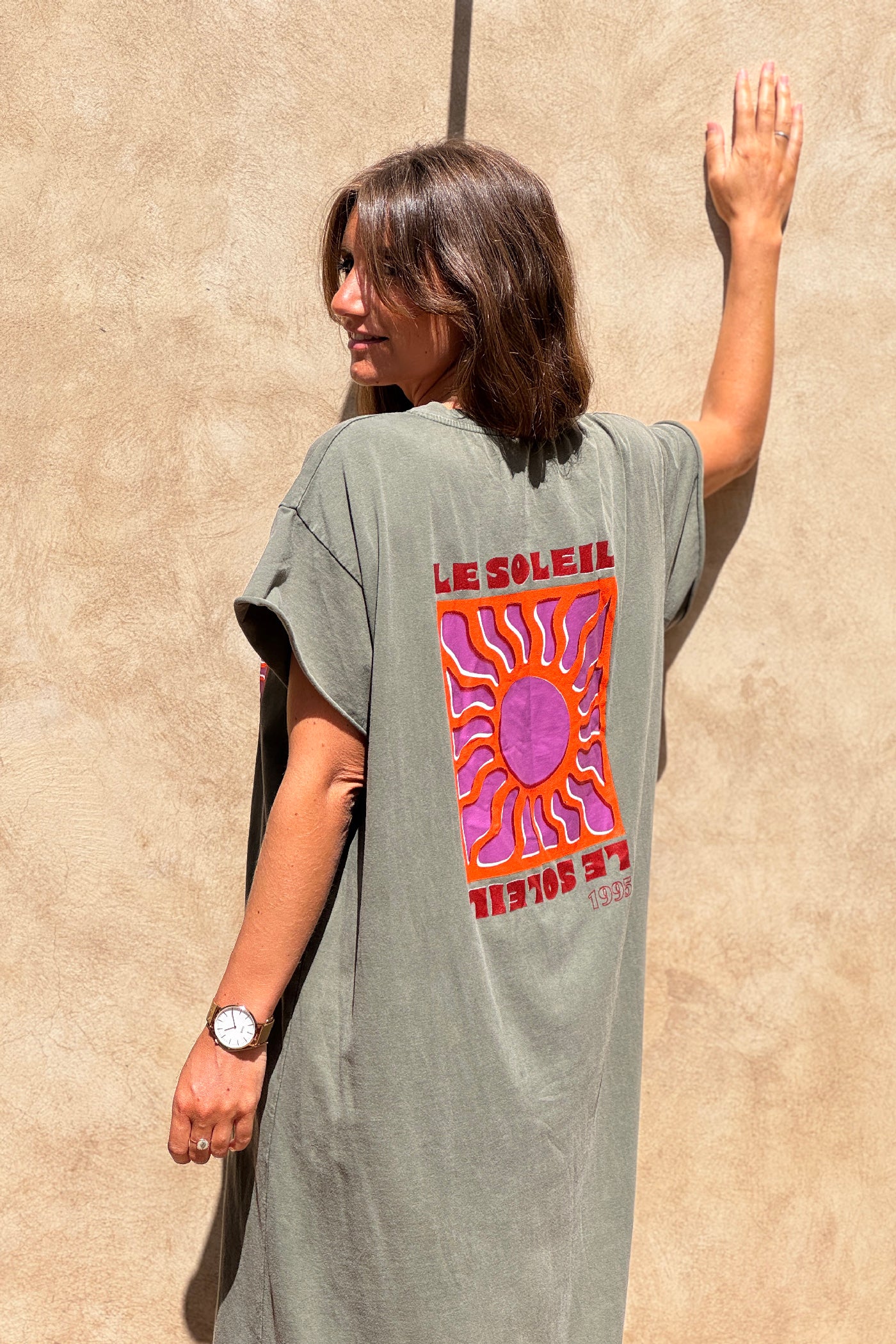 Khaki Le Soleil V-Neck T-Shirt Dress