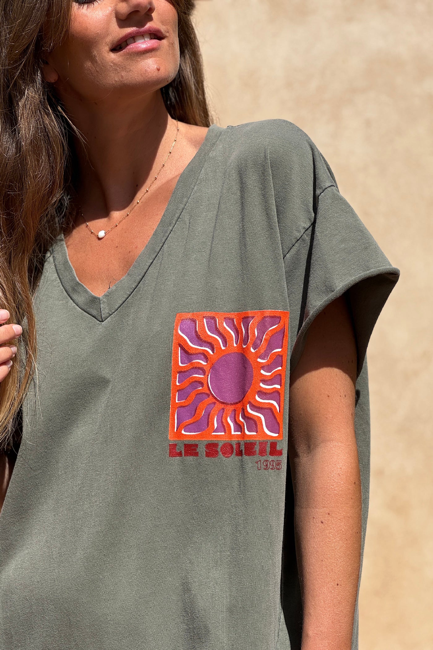 Khaki Le Soleil V-Neck T-Shirt Dress