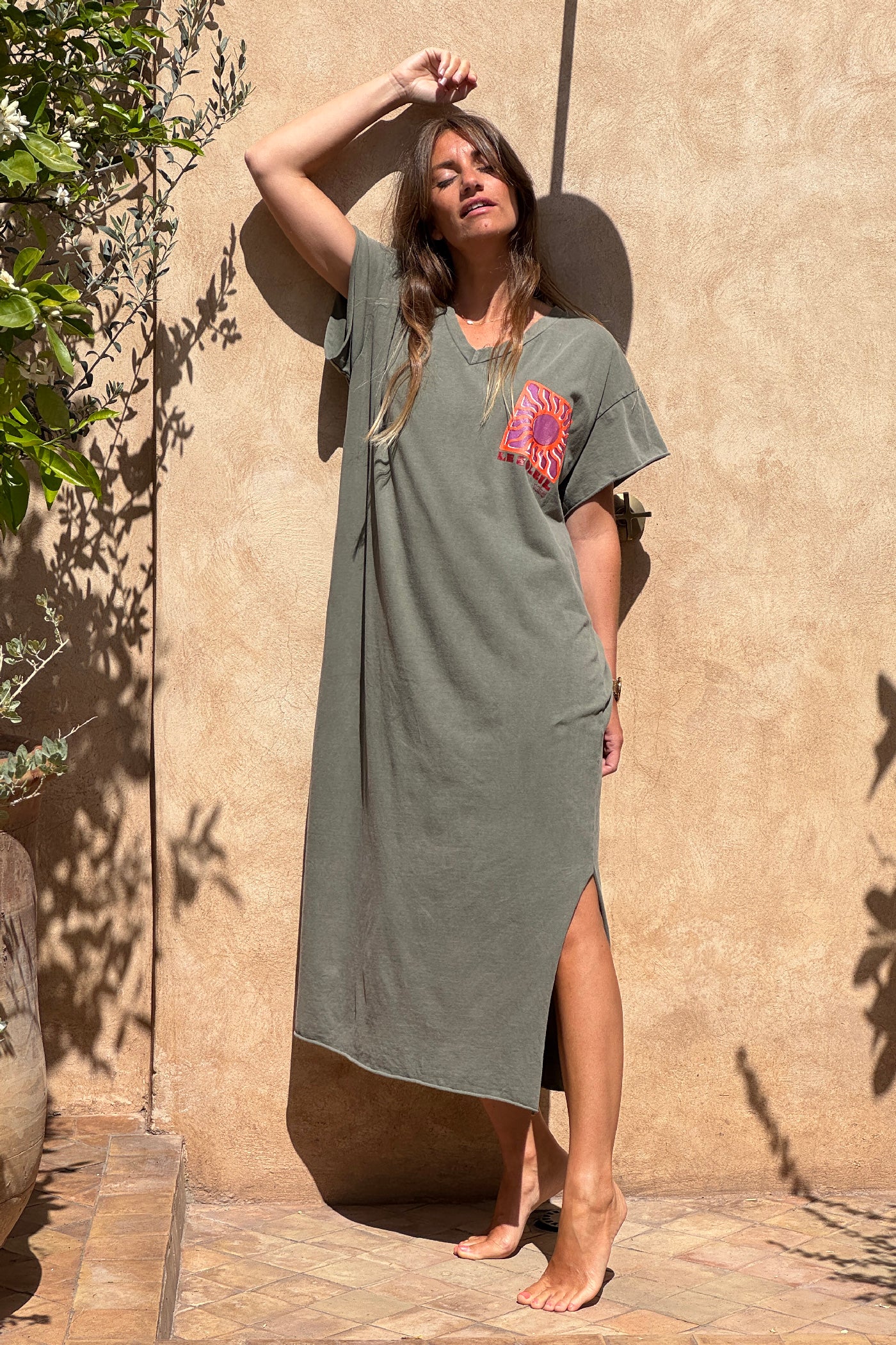 Khaki Le Soleil V-Neck T-Shirt Dress