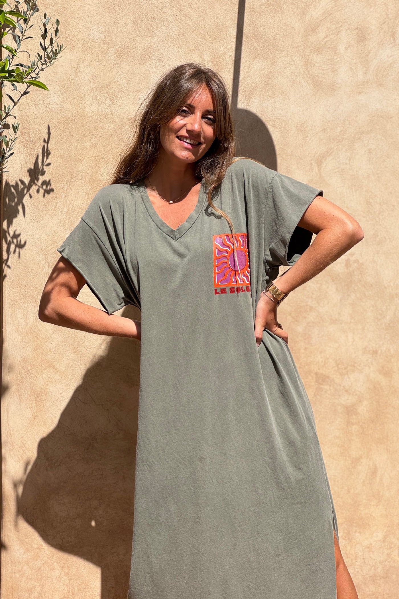 Khaki Le Soleil V-Neck T-Shirt Dress