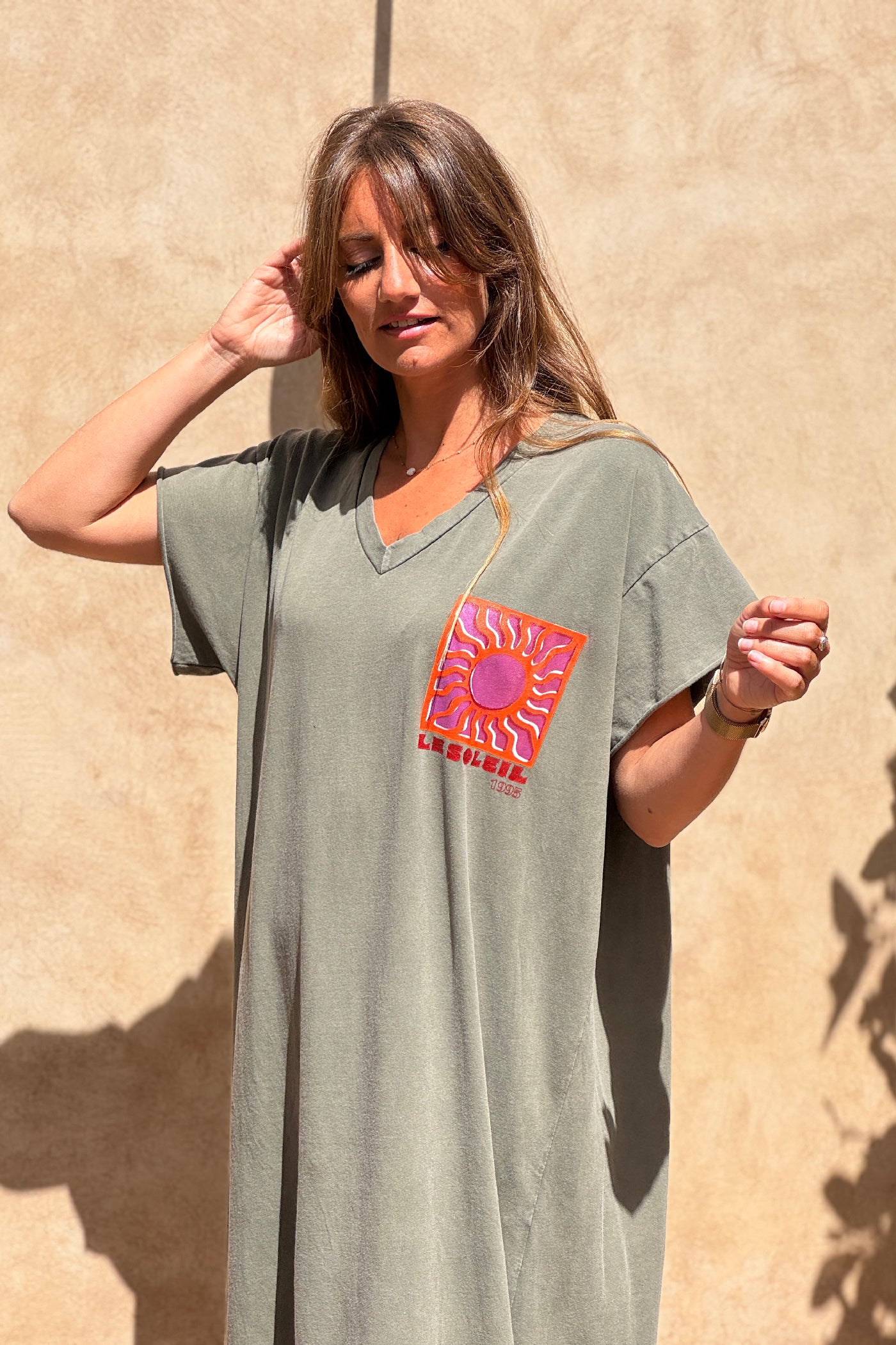 Khaki Le Soleil V-Neck T-Shirt Dress