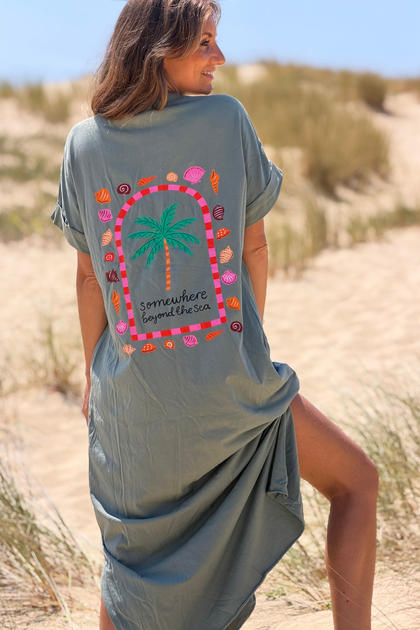 Olive “Somewhere Beyond the Sea” Maxi Shirt Dress