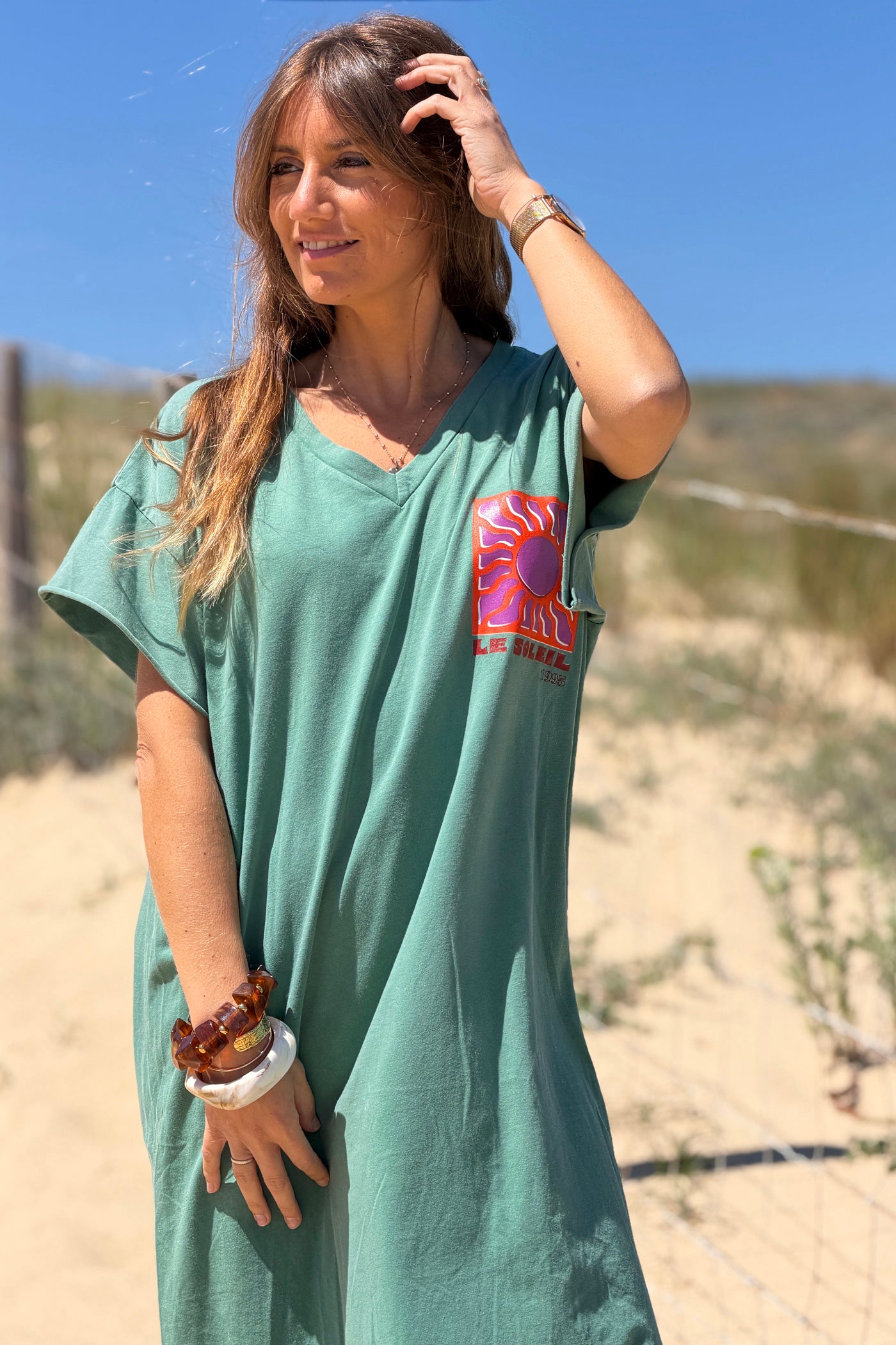 Sage Le Soleil V-Neck T-Shirt Dress