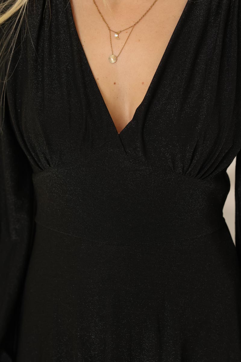 Robe longue de soiree noir brillante cintree manches longues col v g159 (1)