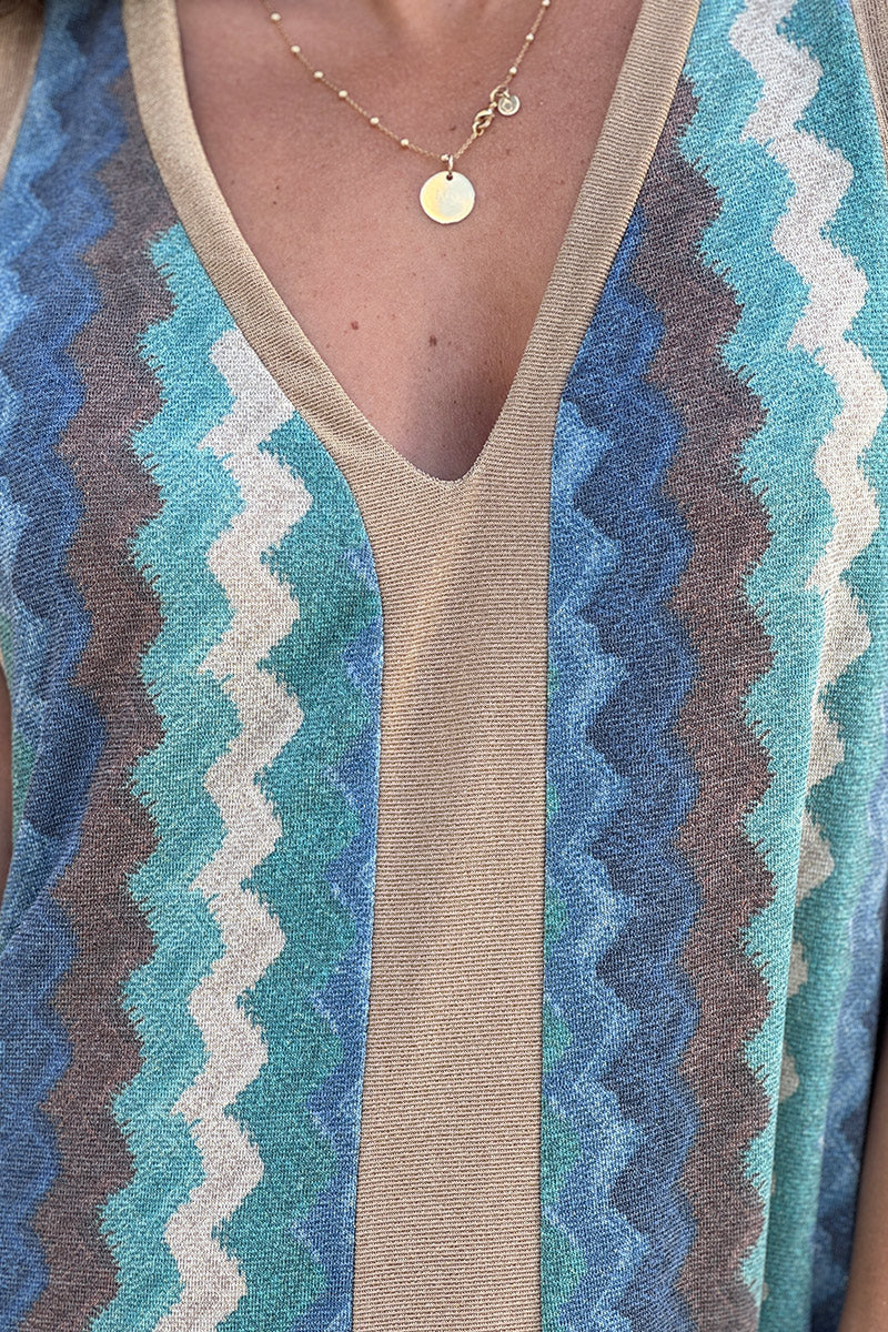 Blue Zig-Zag Glitter Knit Maxi Dress