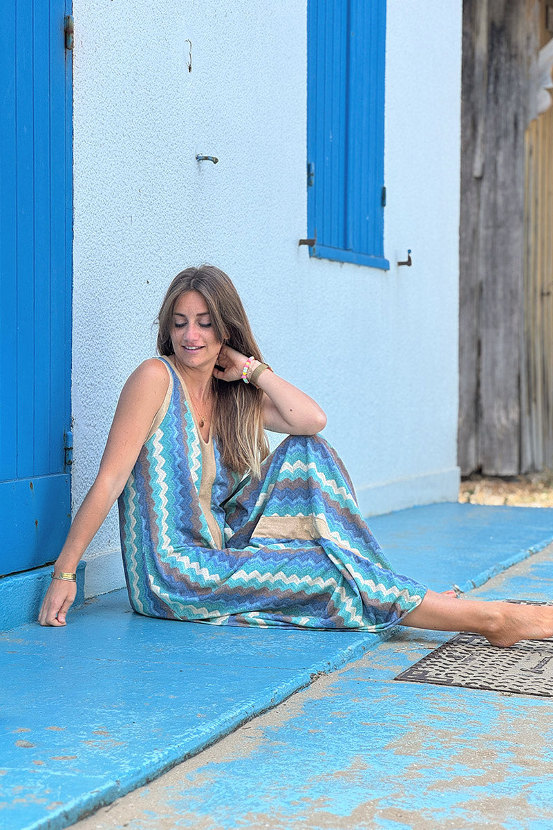 Blue Zig-Zag Glitter Knit Maxi Dress