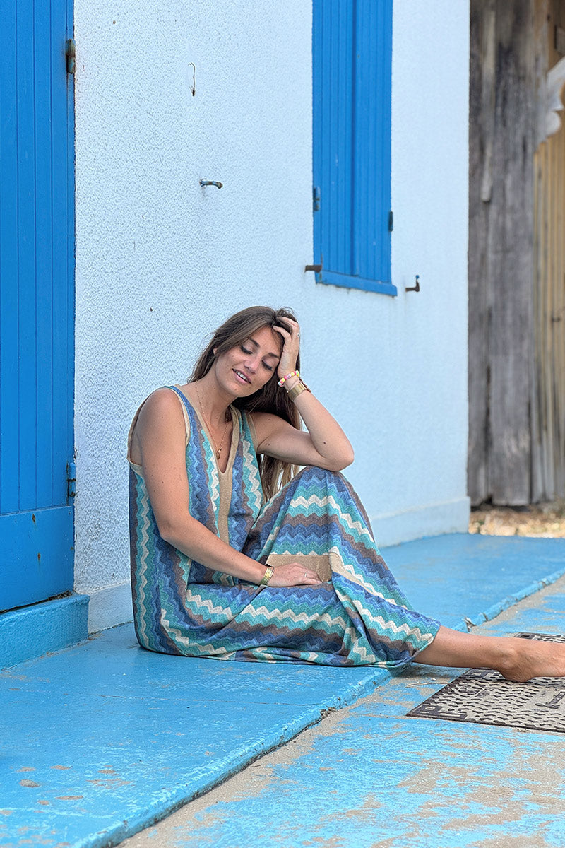 Blue Zig-Zag Glitter Knit Maxi Dress