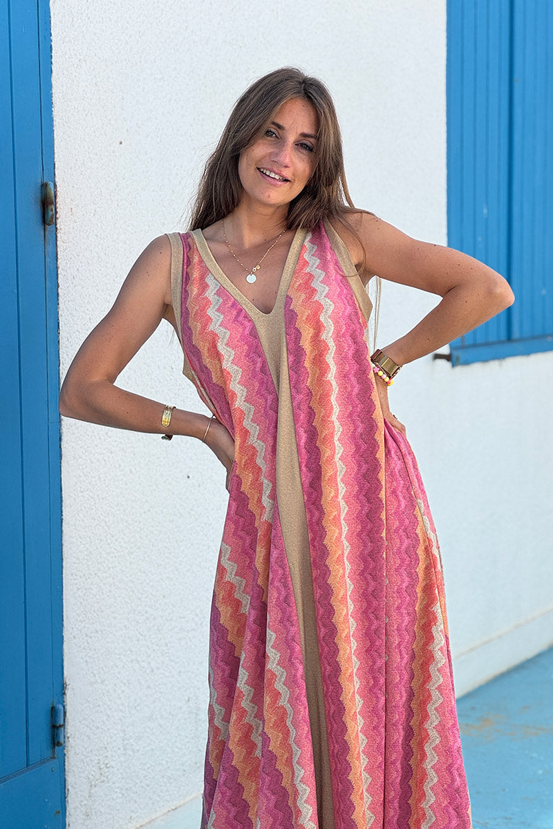 Robe longue débardeur brillante chevrons fuchsia