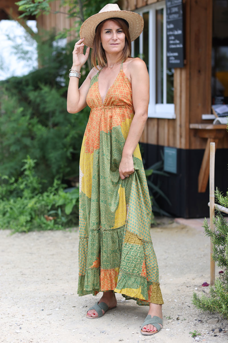 Robe longue dos nu patchwork graphique tons verts h119 (1)