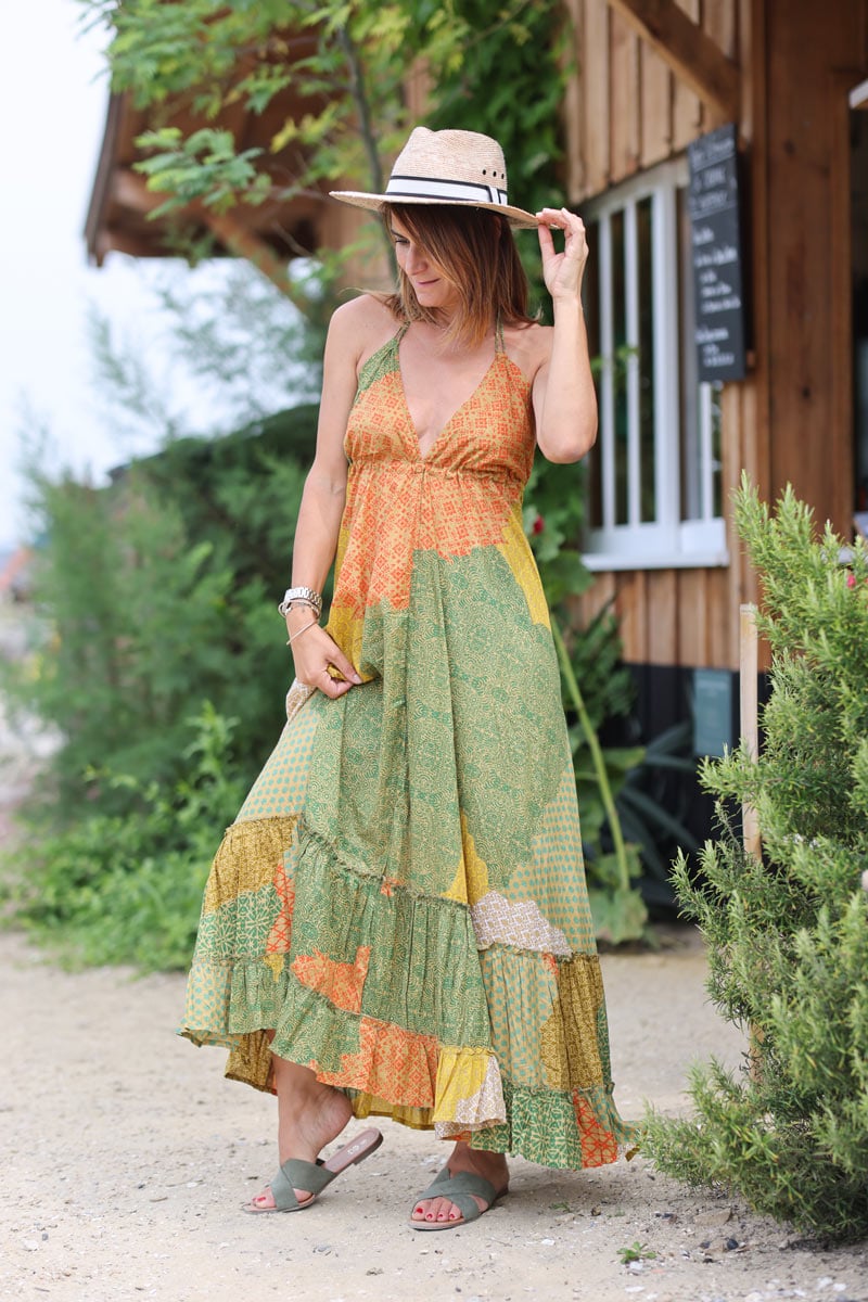 Robe longue dos nu patchwork graphique tons verts h119 (1)
