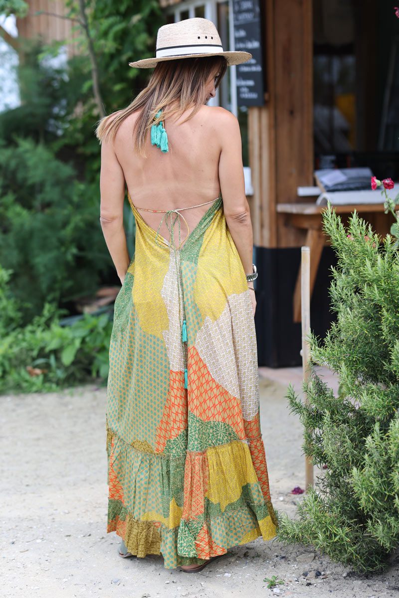 Robe longue dos nu patchwork graphique tons verts h119 (1)