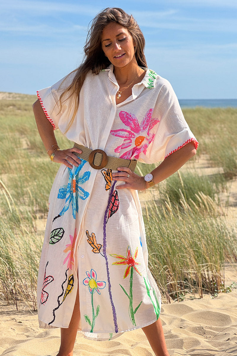 Cream Floral Naive Art Caftan