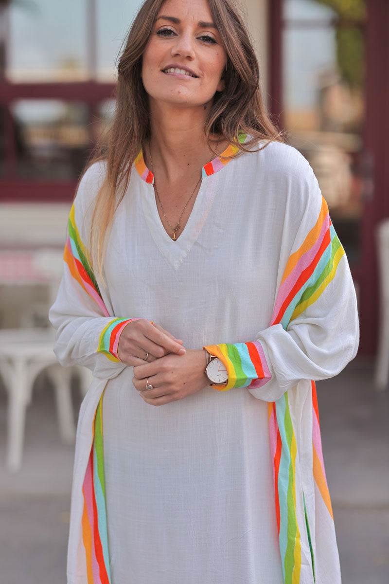 Cream Rainbow Stripe Long-Sleeve Caftan