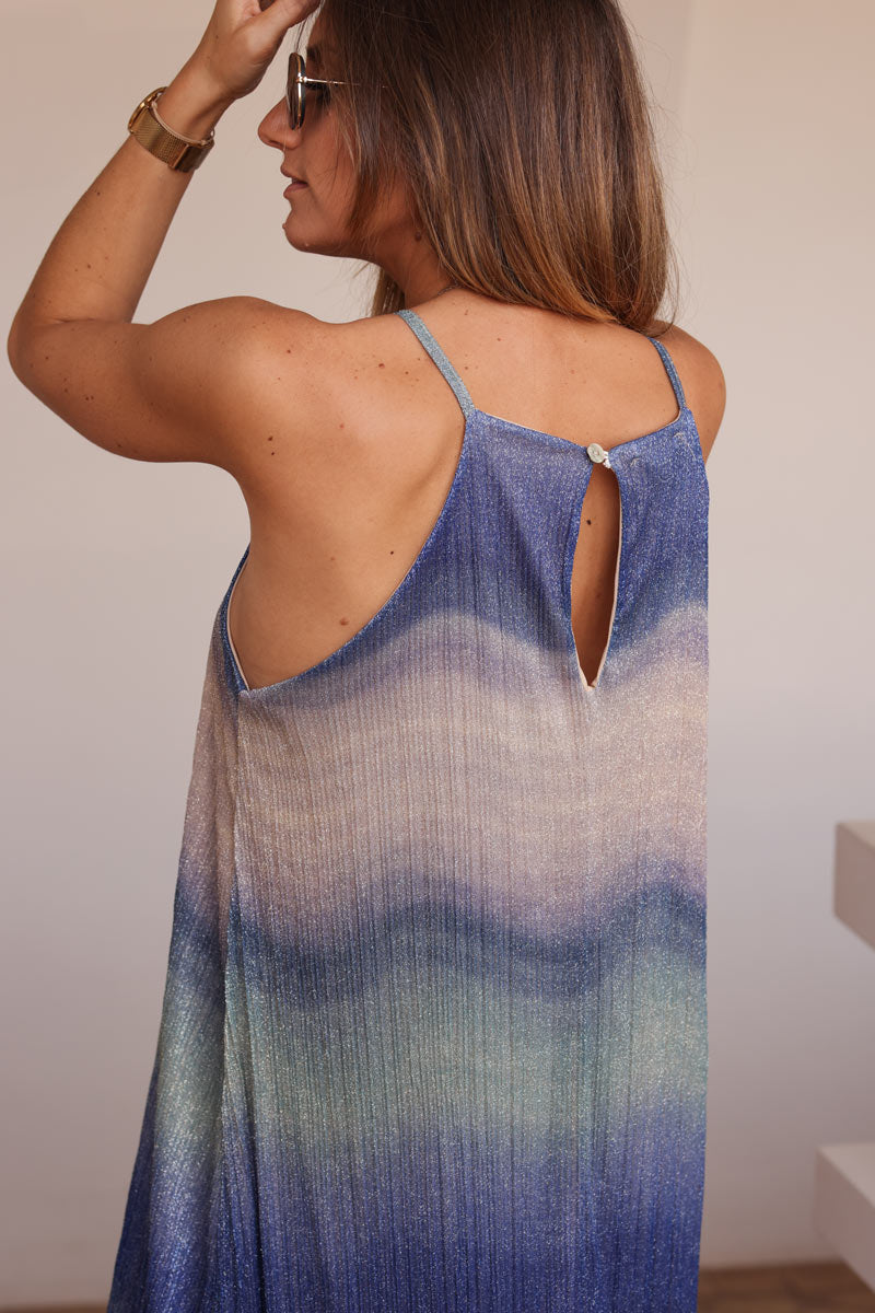 Robe longue effet plissé à bretelles tons bleus dégradés et paillettes