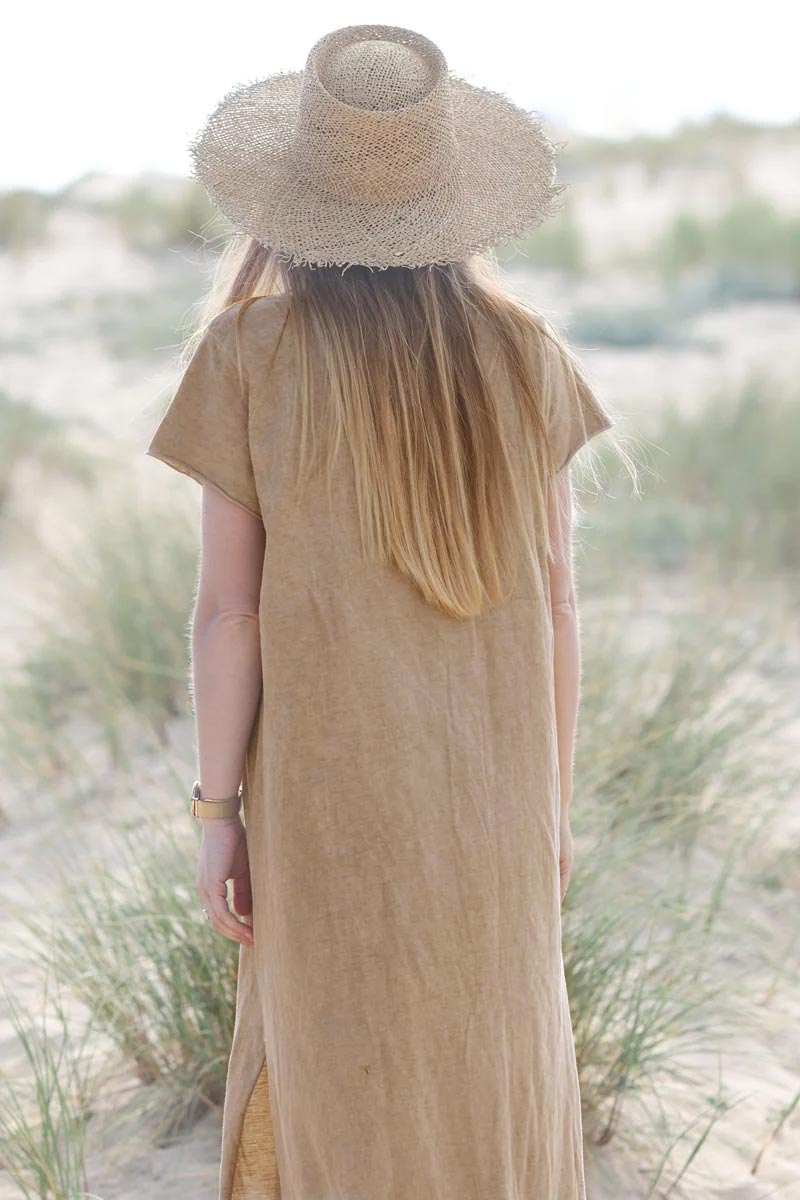 Robe longue en coton colorée couleur camel grande étoile blanche devant matière tshirt E126
