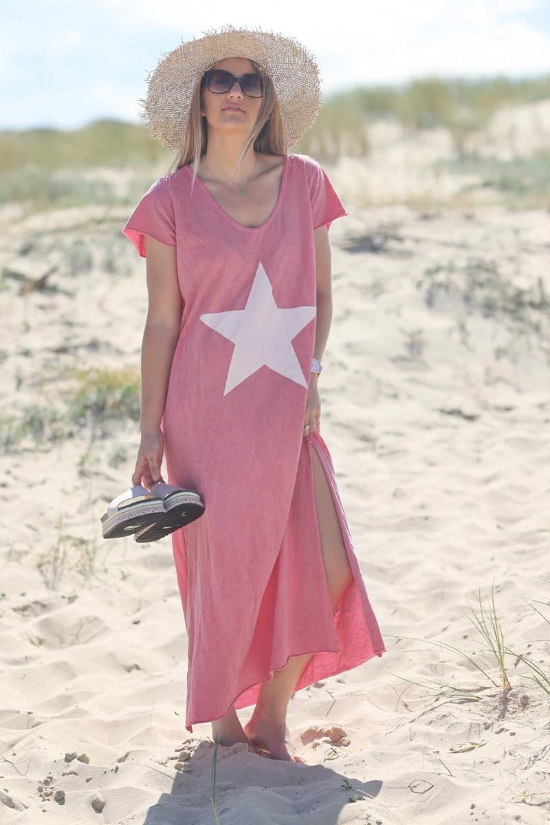 Robe longue en coton colorée couleur rose fuchsia grande étoile blanche devant matière tshirt E126