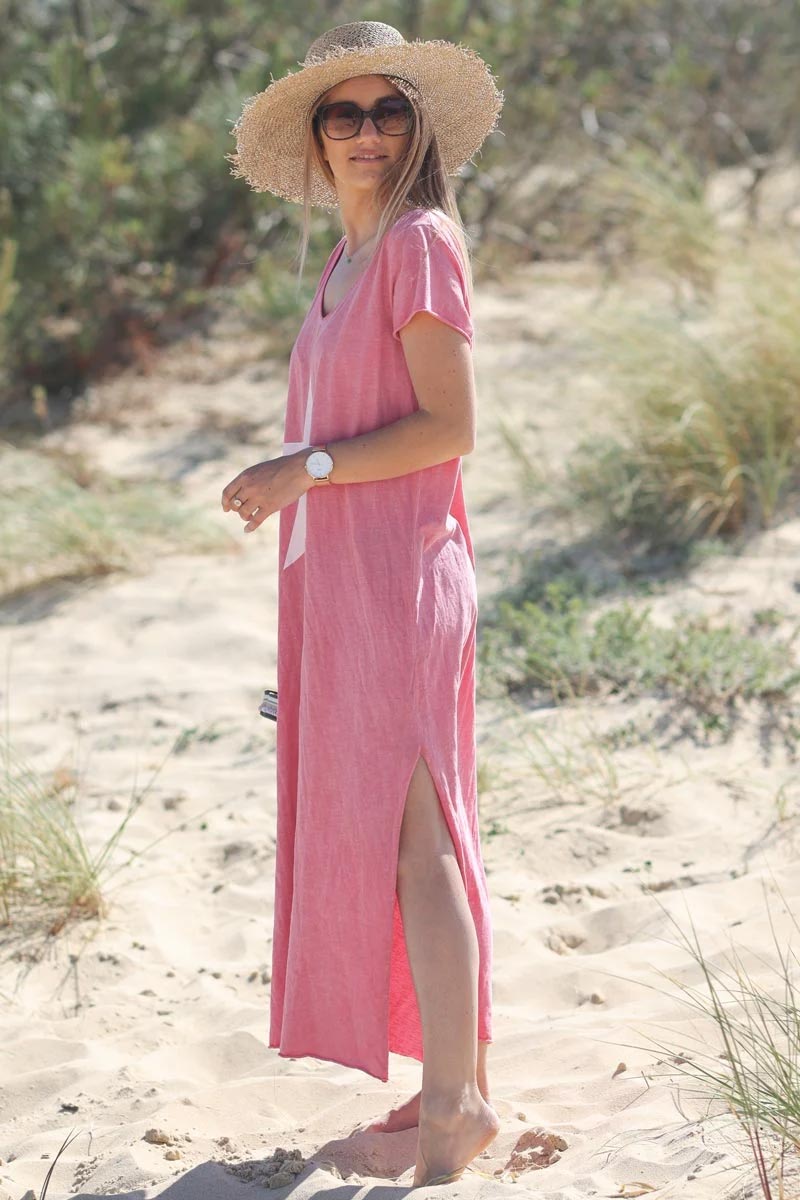 Robe longue en coton colorée couleur rose fuchsia grande étoile blanche devant matière tshirt E126