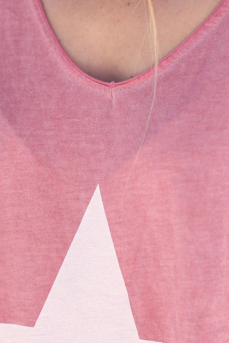 Robe longue en coton colorée couleur rose fuchsia grande étoile blanche devant matière tshirt E126