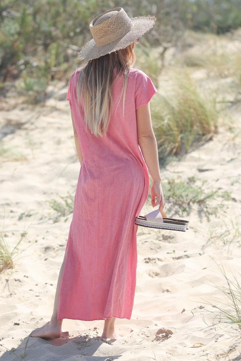 Robe longue en coton colorée couleur rose fuchsia grande étoile blanche devant matière tshirt E126