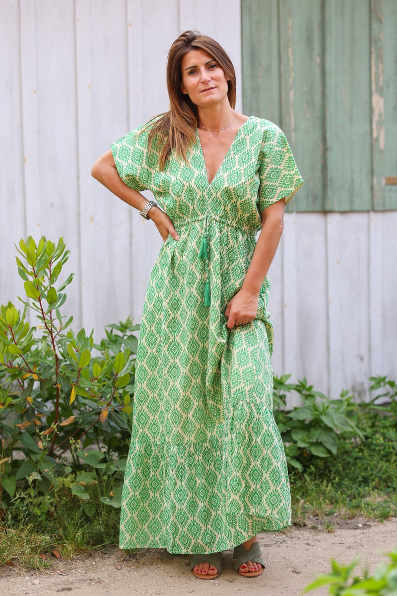 Robe longue en coton dos nu et lien a la taille motif soleil oeil vert H126 (1)