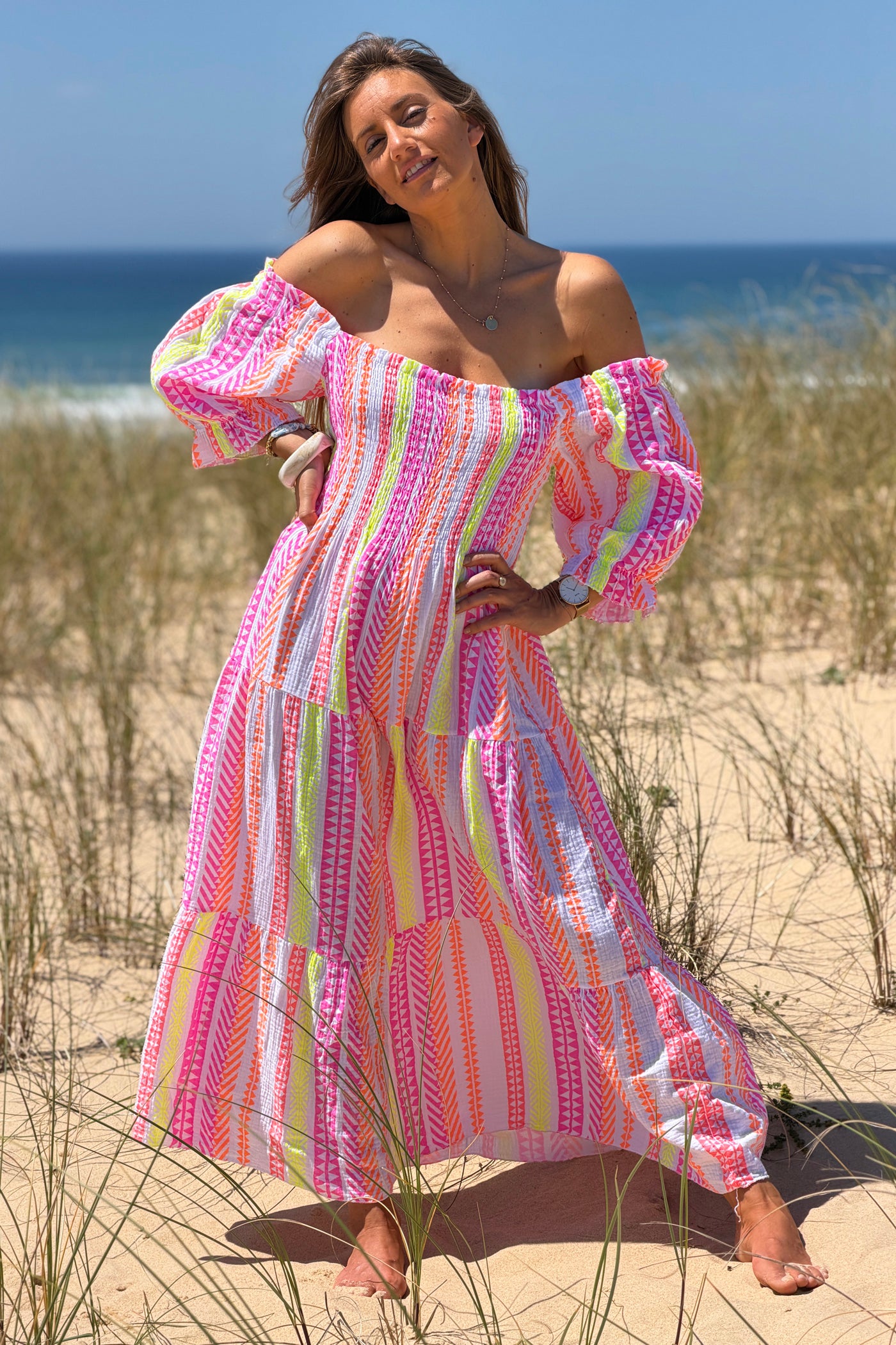 White Gauze Neon Patterned Tiered Maxi Dress