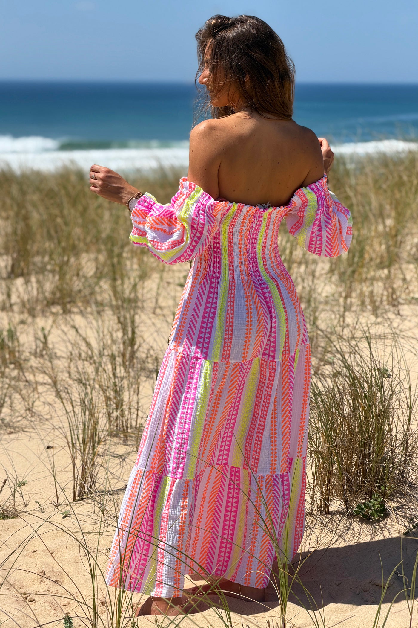 White Gauze Neon Patterned Tiered Maxi Dress