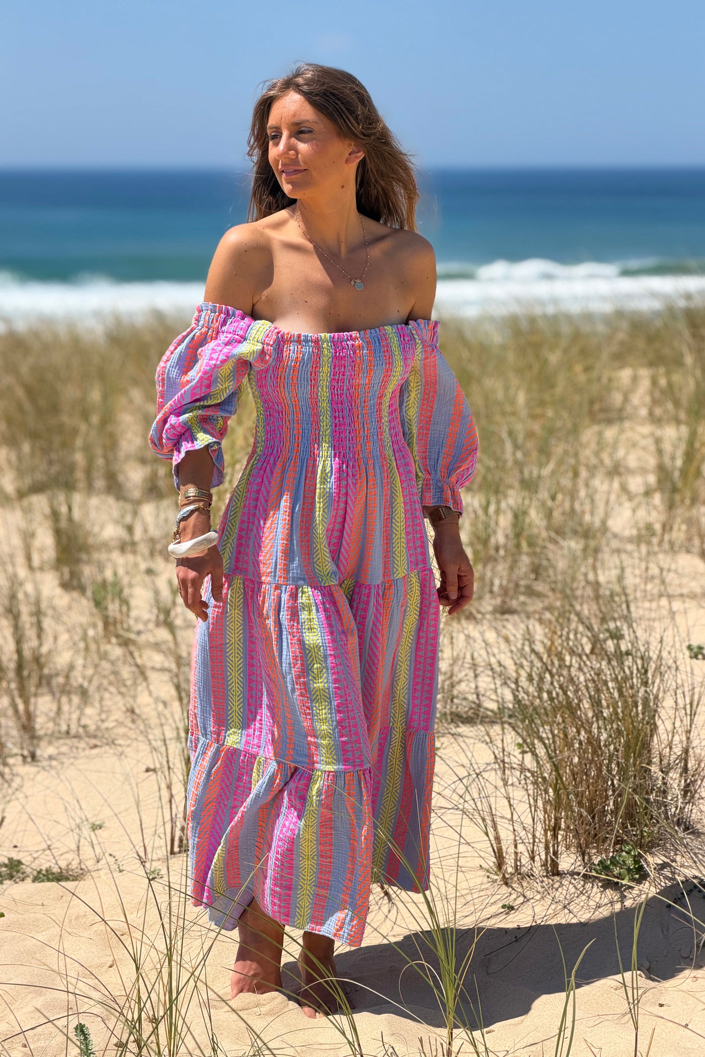 Blue Gauze Neon Patterned Tiered Maxi Dress