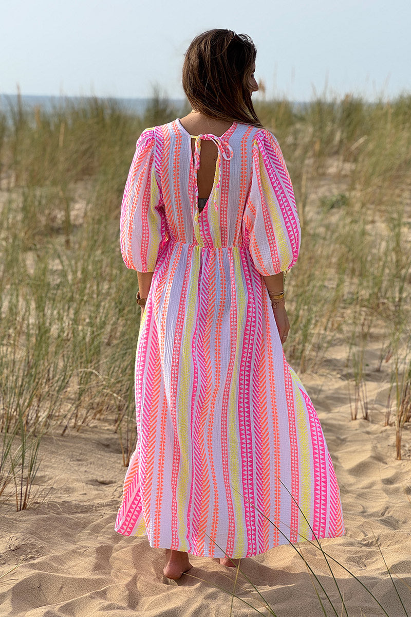 Hot Pink Gauze Neon Stripe Summer Dress