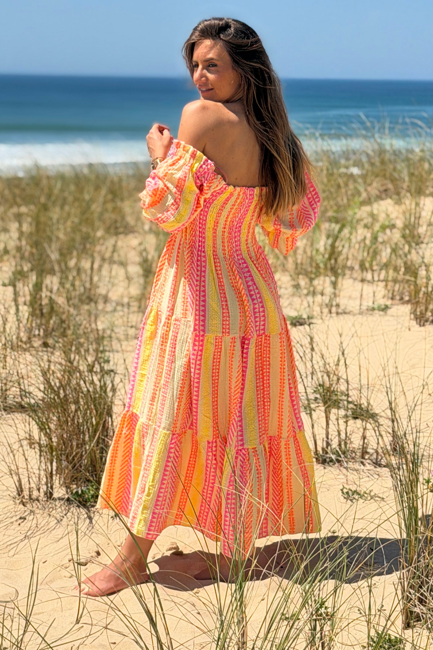 Yellow Gauze Neon Patterned Tiered Maxi Dress