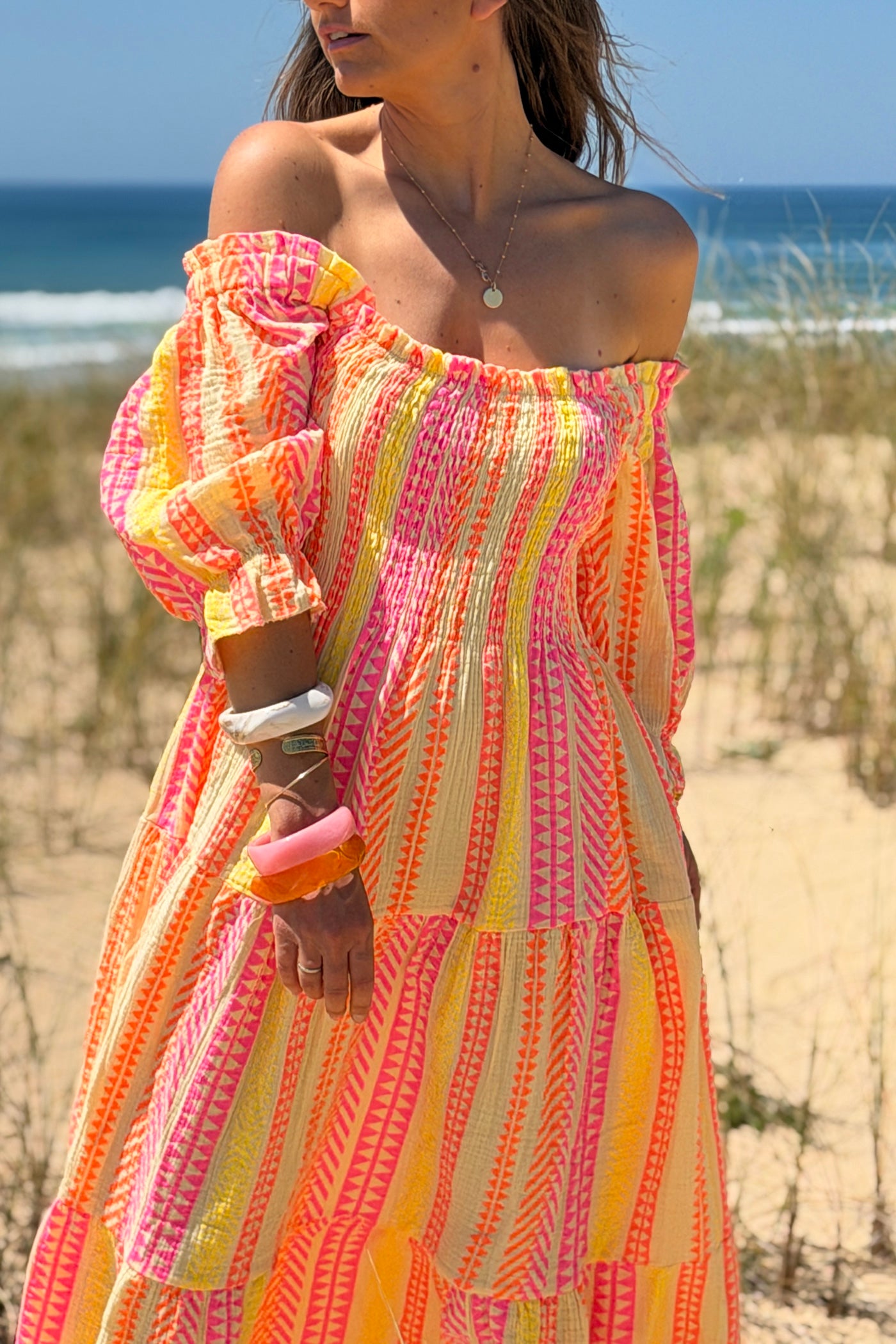Yellow Gauze Neon Patterned Tiered Maxi Dress