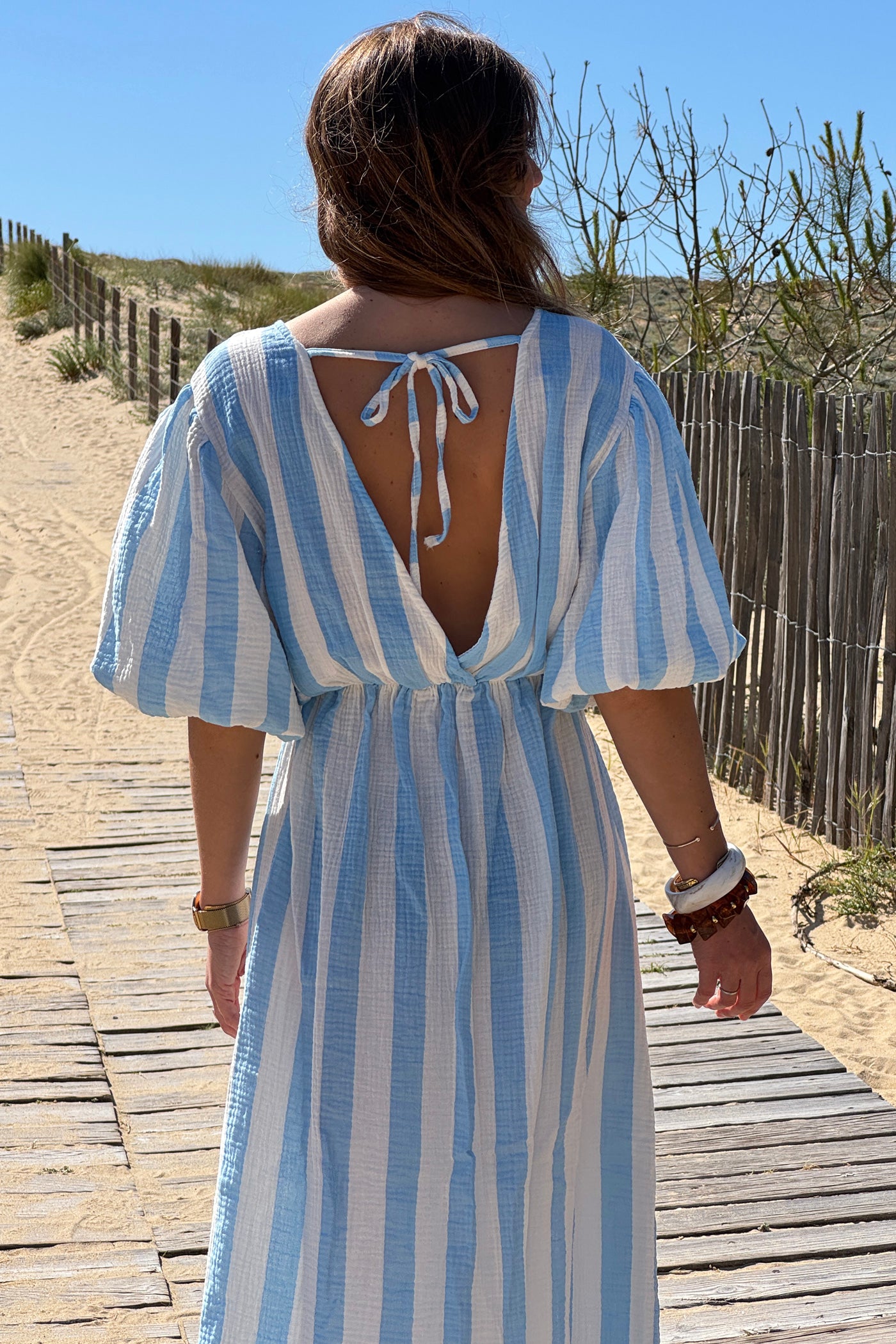 Blue Cabana Stripe Gauze Blouson Dress