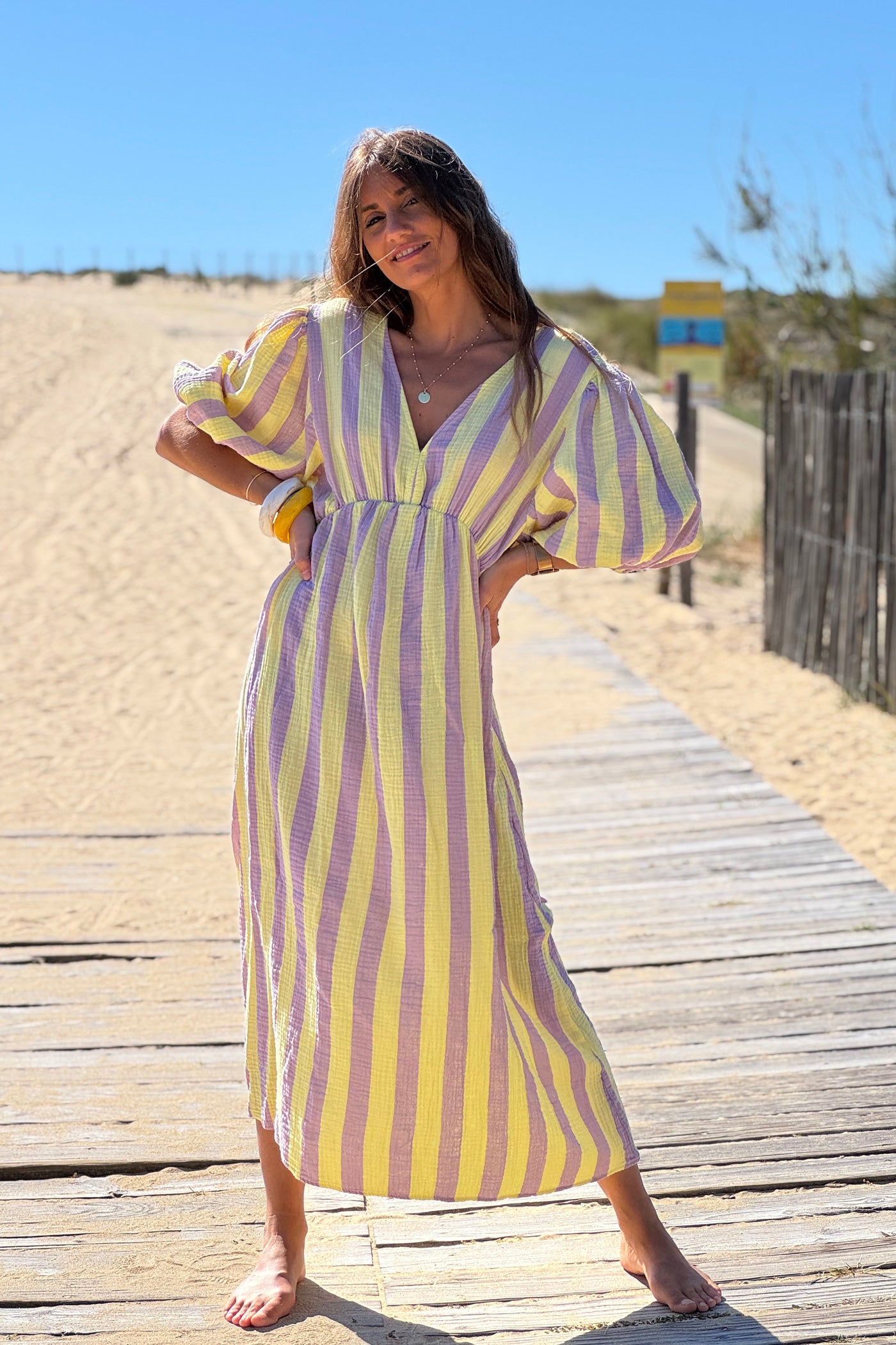 Yellow Cabana Stripe Gauze Blouson Dress