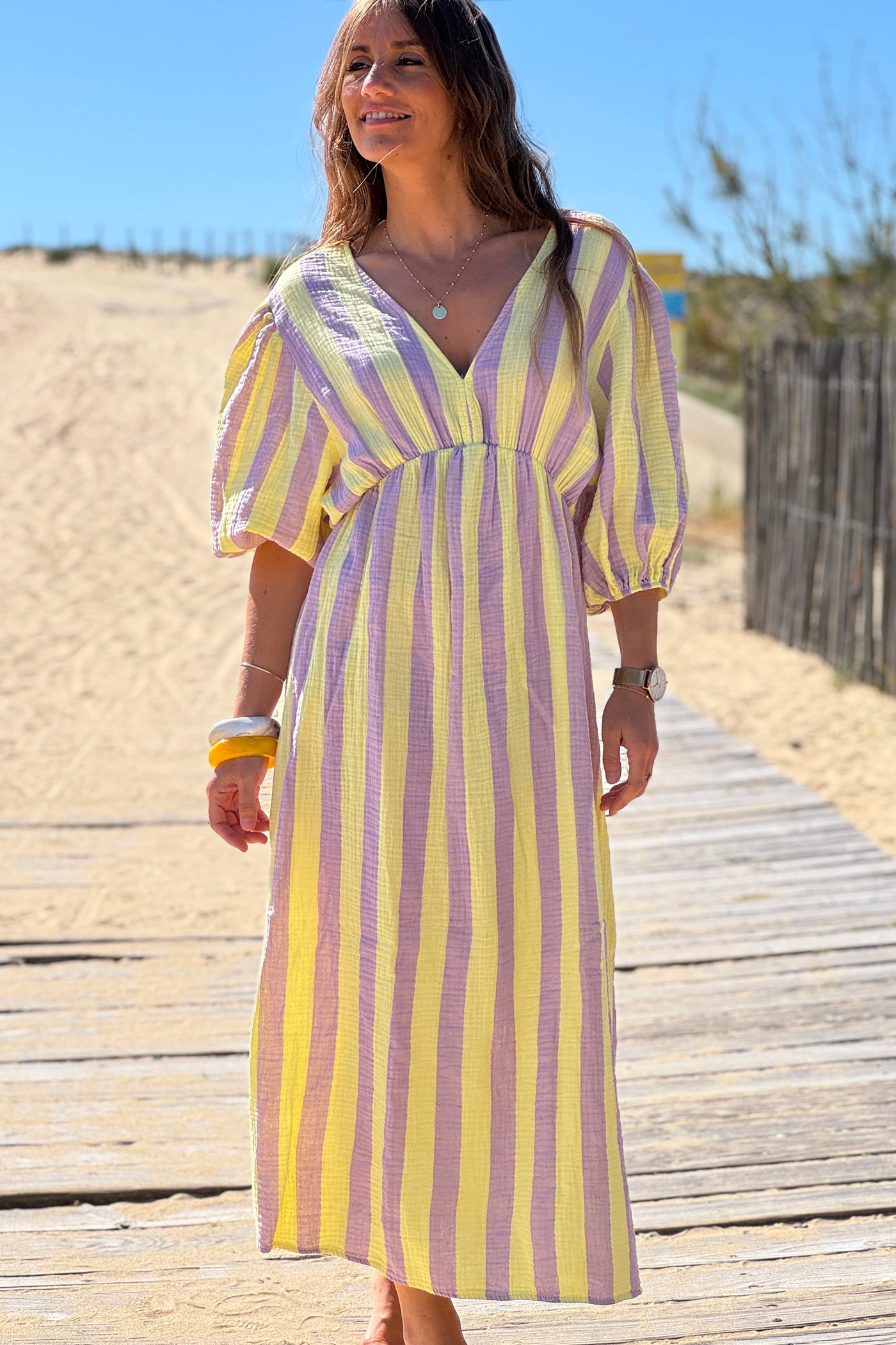 Yellow Cabana Stripe Gauze Blouson Dress