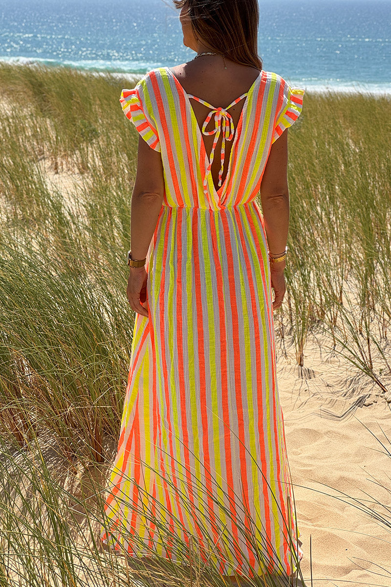 Neon Yellow Pink Stripe Gauze Flutter Sleeve Maxi Dress