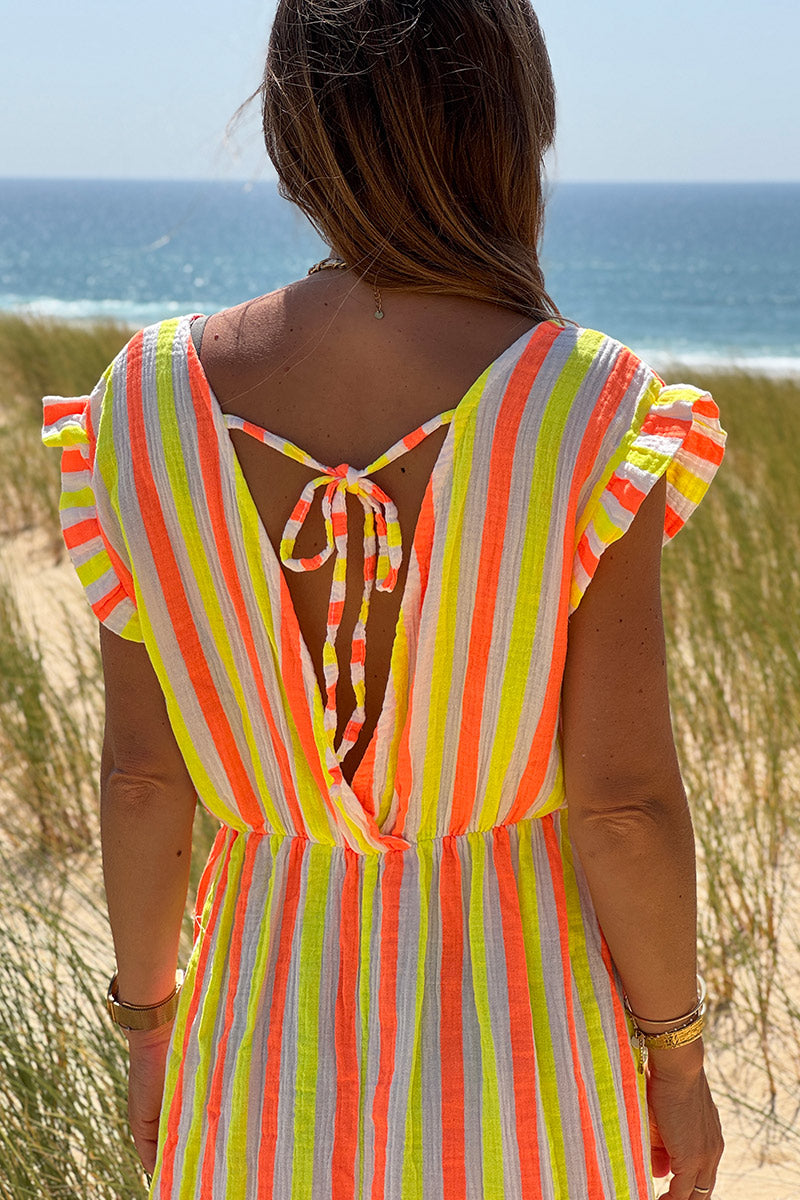 Neon Yellow Pink Stripe Gauze Flutter Sleeve Maxi Dress