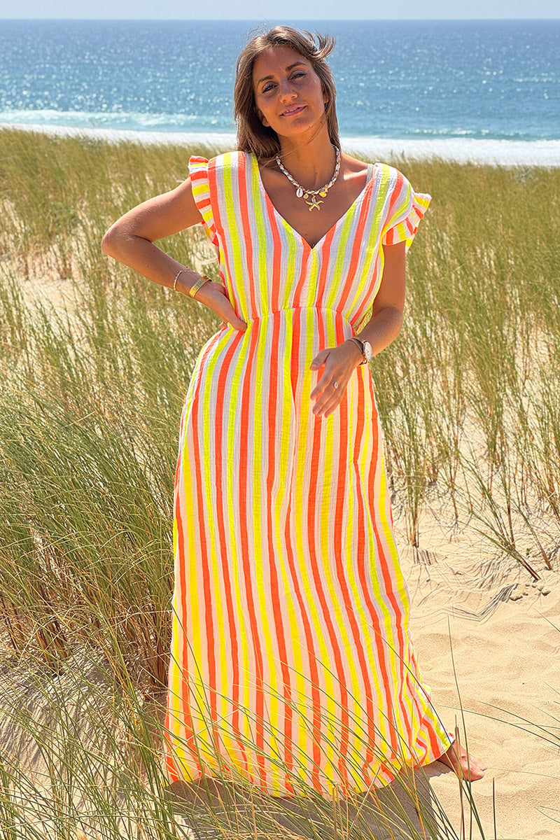 Neon Yellow Pink Stripe Gauze Flutter Sleeve Maxi Dress
