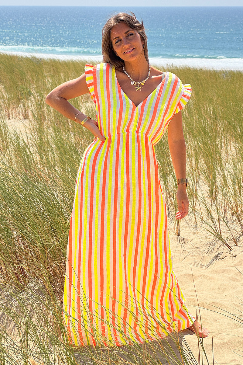 Neon Yellow Pink Stripe Gauze Flutter Sleeve Maxi Dress