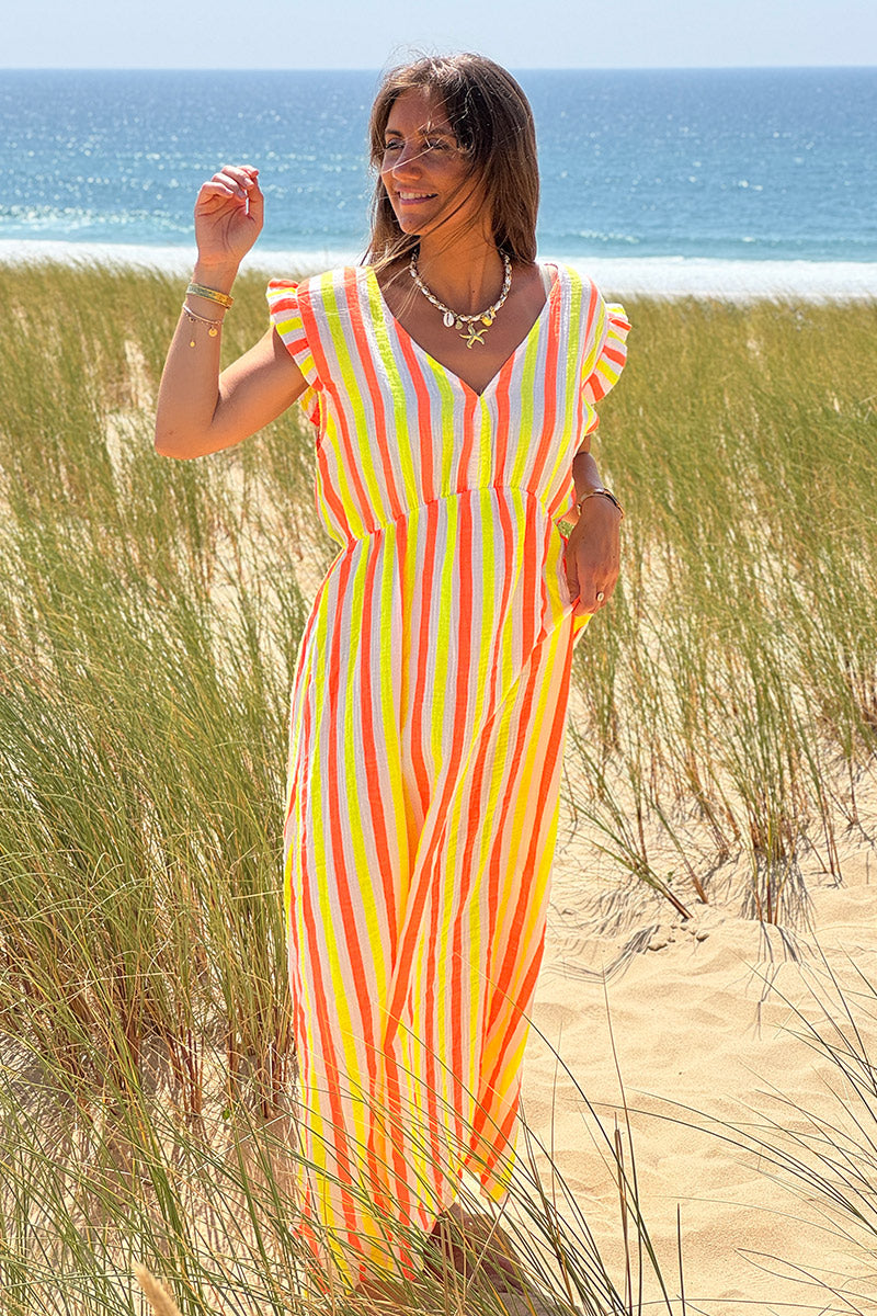 Neon Yellow Pink Stripe Gauze Flutter Sleeve Maxi Dress