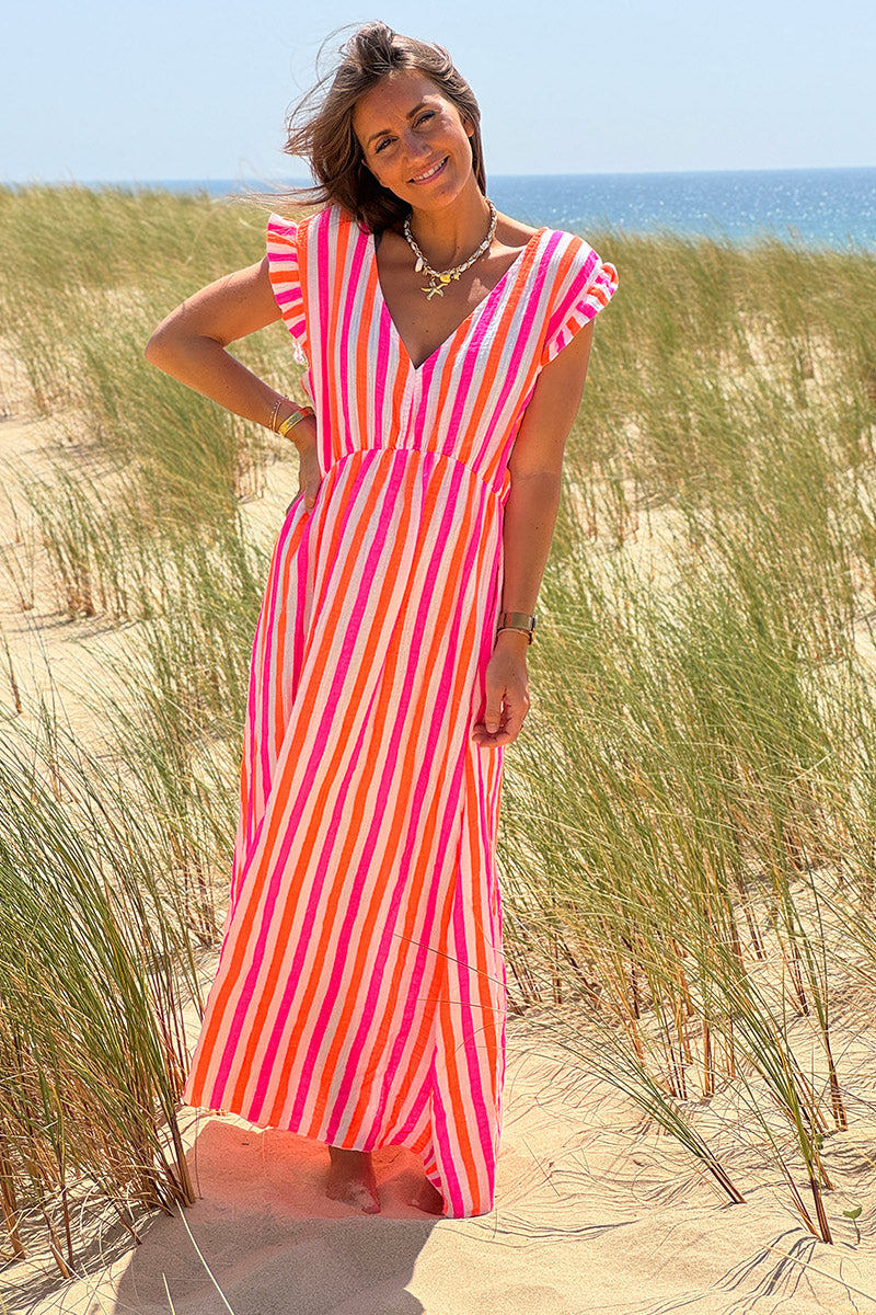 Neon Pink Stripe Gauze Flutter Sleeve Maxi Dress