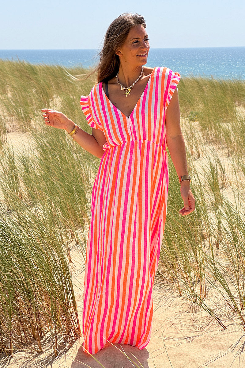 Neon Pink Stripe Gauze Flutter Sleeve Maxi Dress