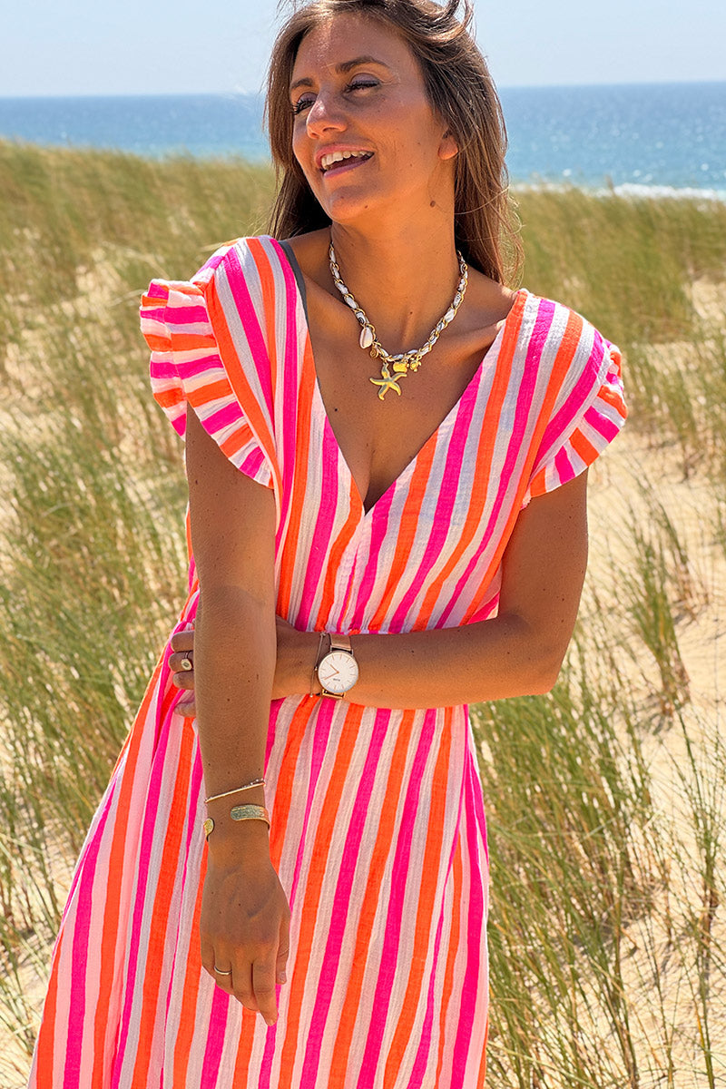 Neon Pink Stripe Gauze Flutter Sleeve Maxi Dress