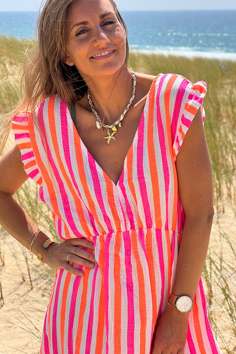 Neon Pink Stripe Gauze Flutter Sleeve Maxi Dress