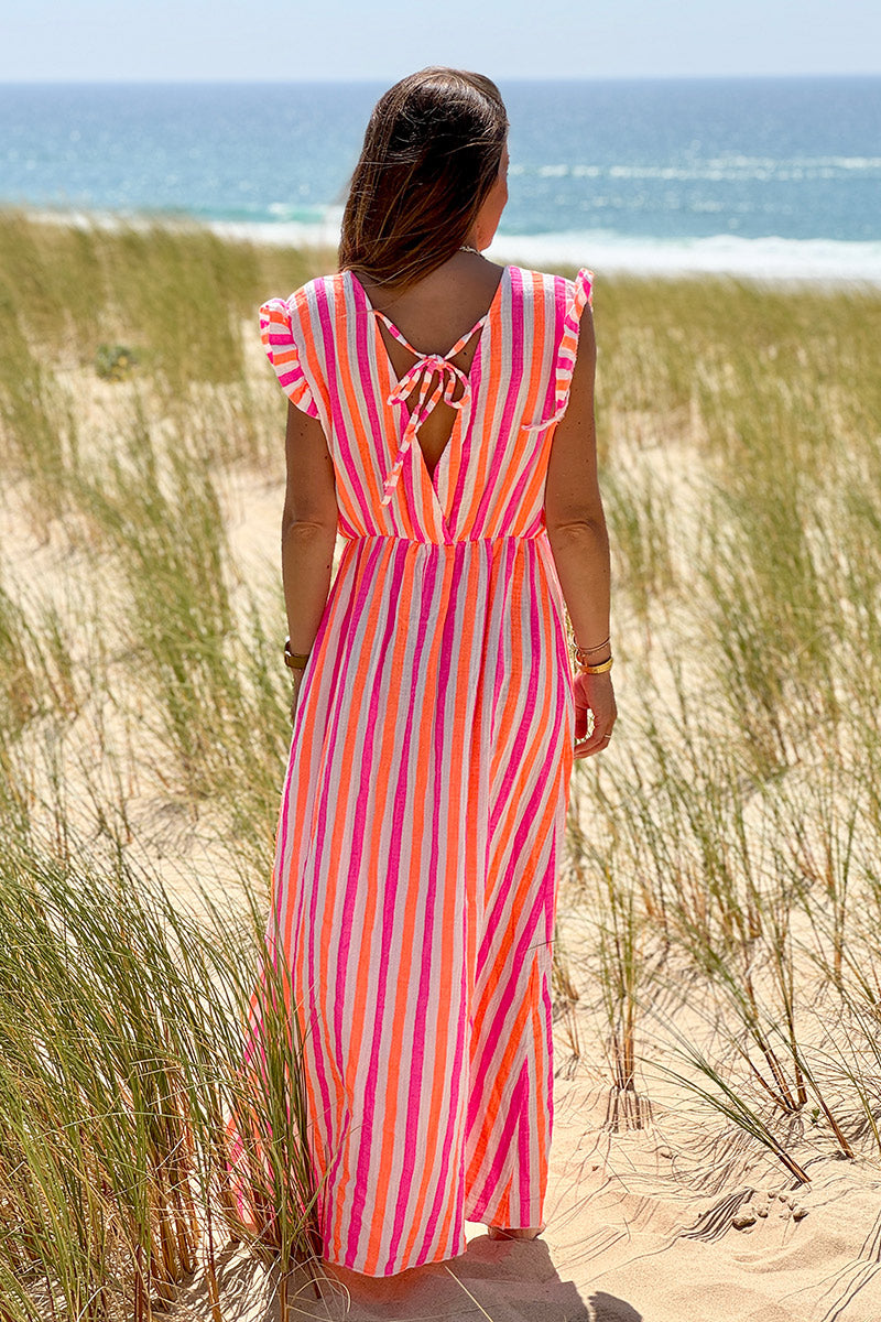 Neon Pink Stripe Gauze Flutter Sleeve Maxi Dress