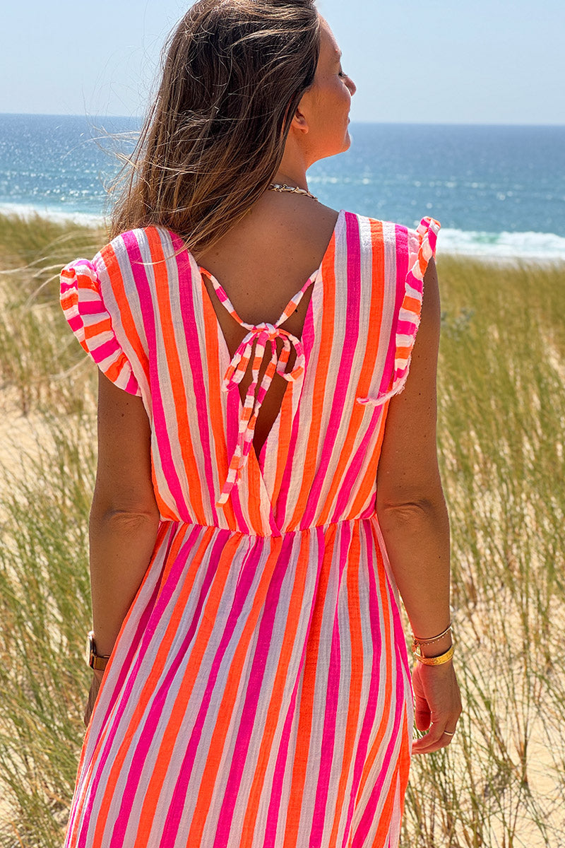 Neon Pink Stripe Gauze Flutter Sleeve Maxi Dress