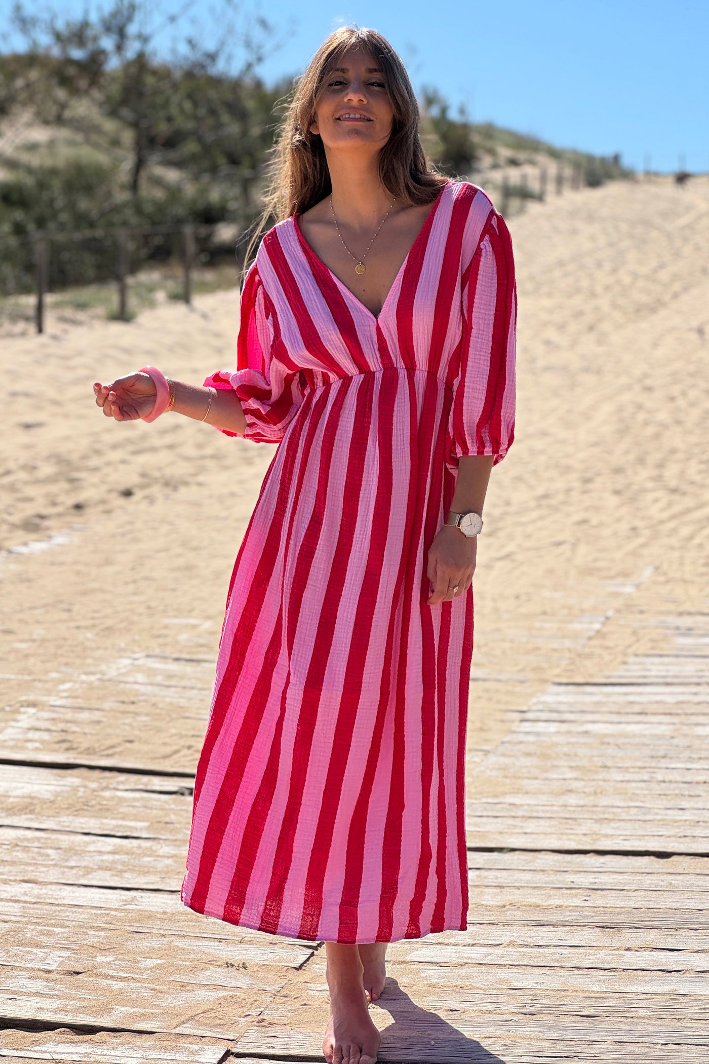 Pink Cabana Stripe Gauze Blouson Dress