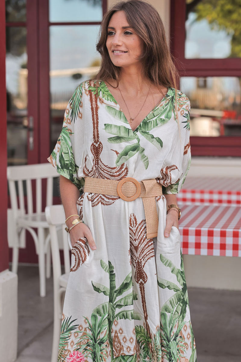 Cream Polynesian Palms V-Neck Caftan