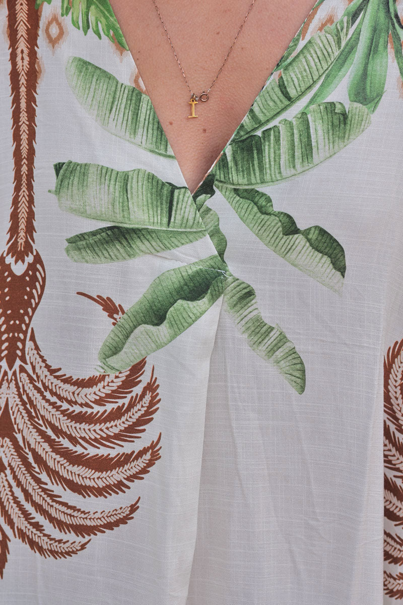 Cream Polynesian Palms V-Neck Caftan